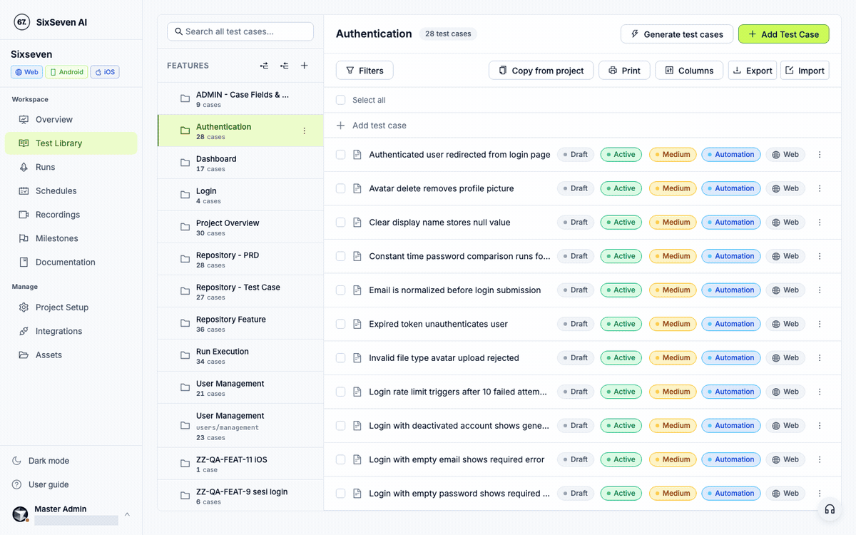 AuraCheck workspace walkthrough: browse feature folders and review test cases. Account identifiers are masked.